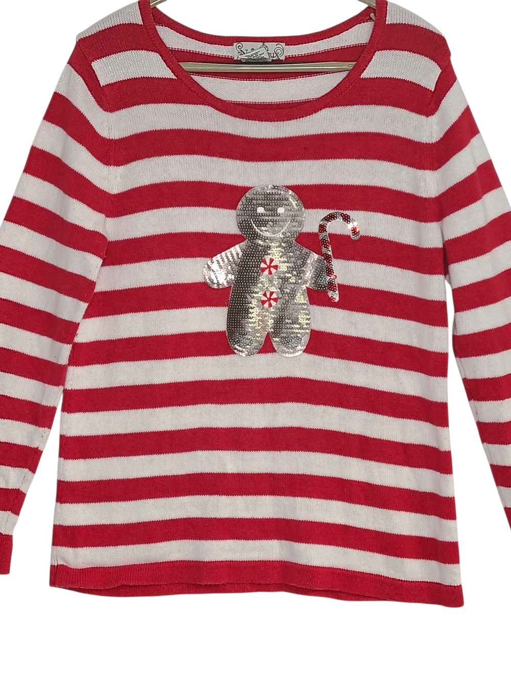 Nouveaux Red White Stripe Sequin Gingerbread Man Christmas Holiday Sweater L